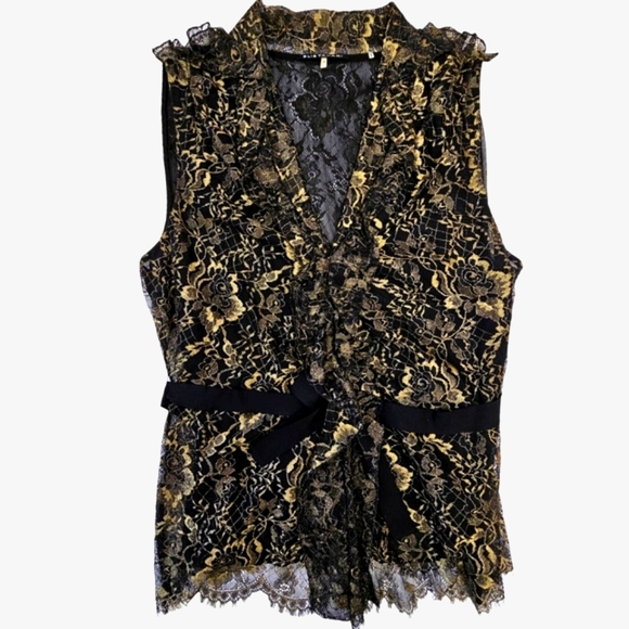 Nwot Elie Tahari Black/Gold Floral Lace Sleeveless Ruffled Accent Top - Picture 16 of 16